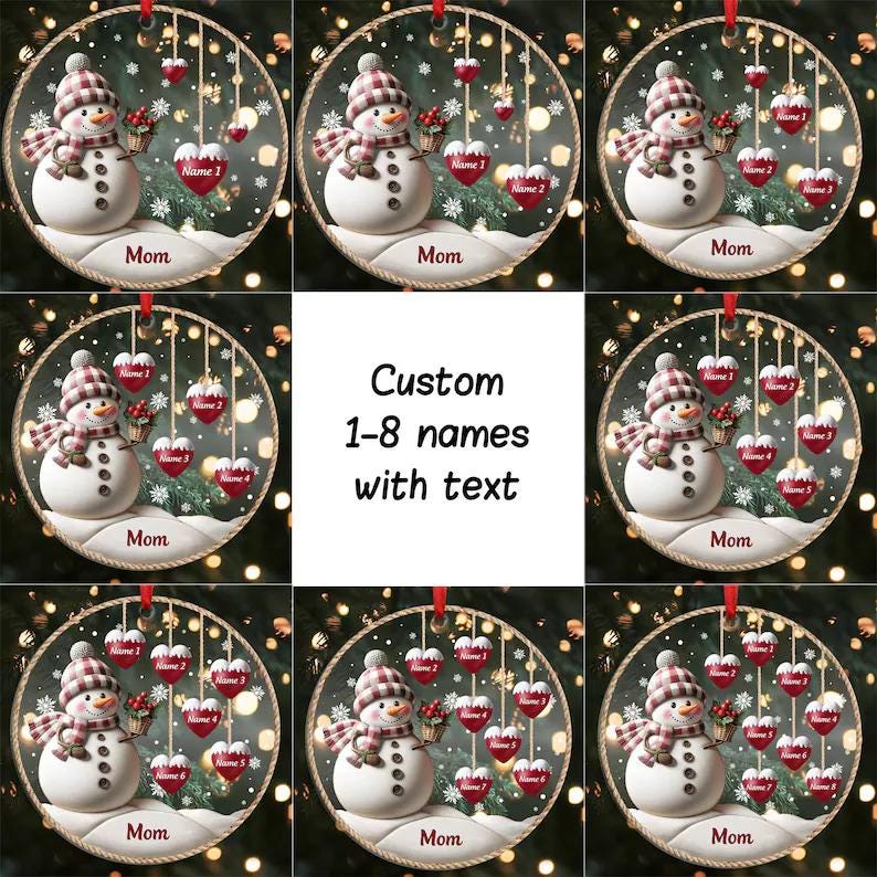 Personalized Christmas Ornament, Custom Acrylic Snowman Ornament, 1–8 Family Names Decoration, Gift for Mom, Grandma, Xmas Tree Decor