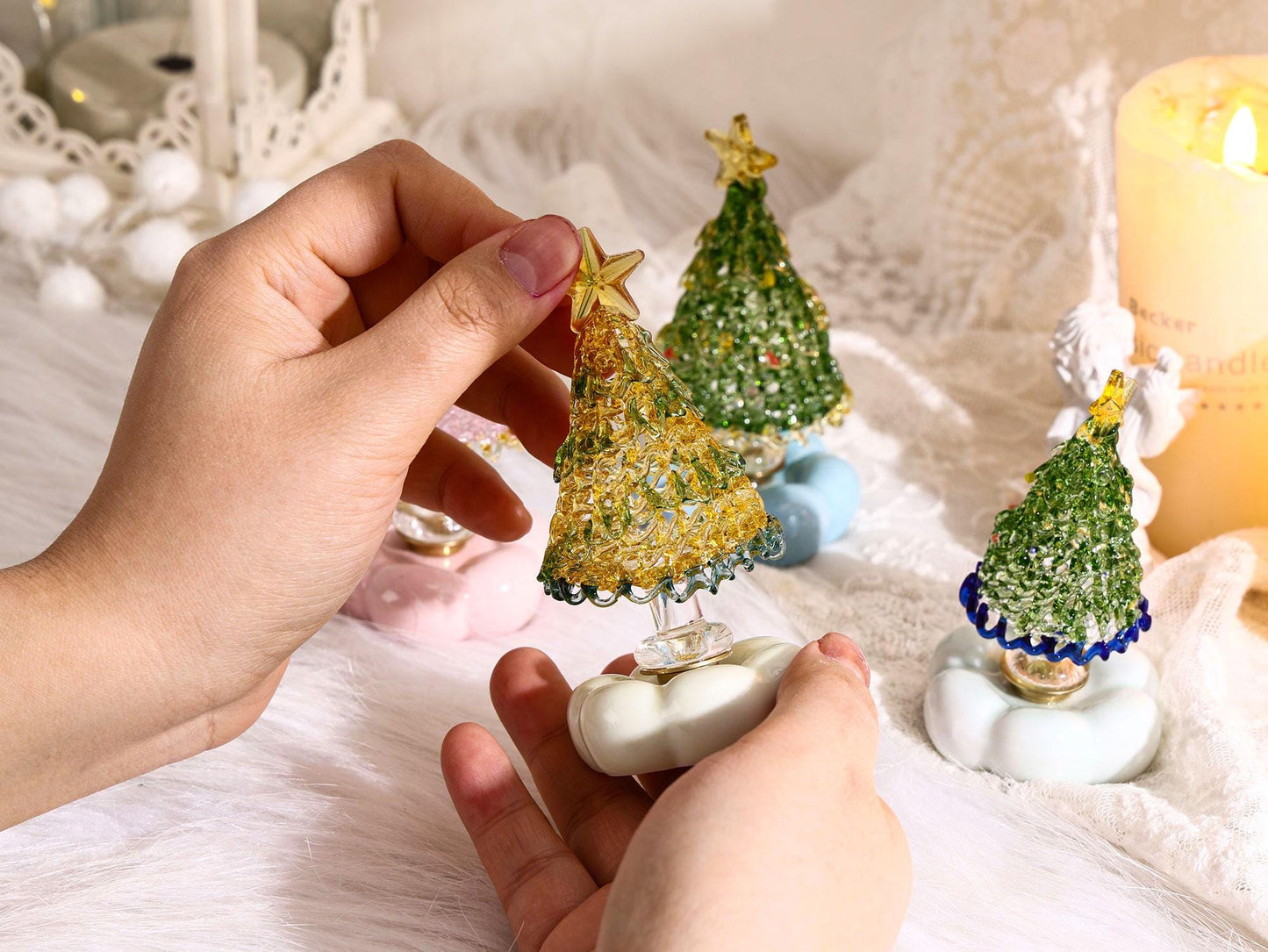 Sapin de Noël miniature en vitrail fait main, Décoration de table de Noël