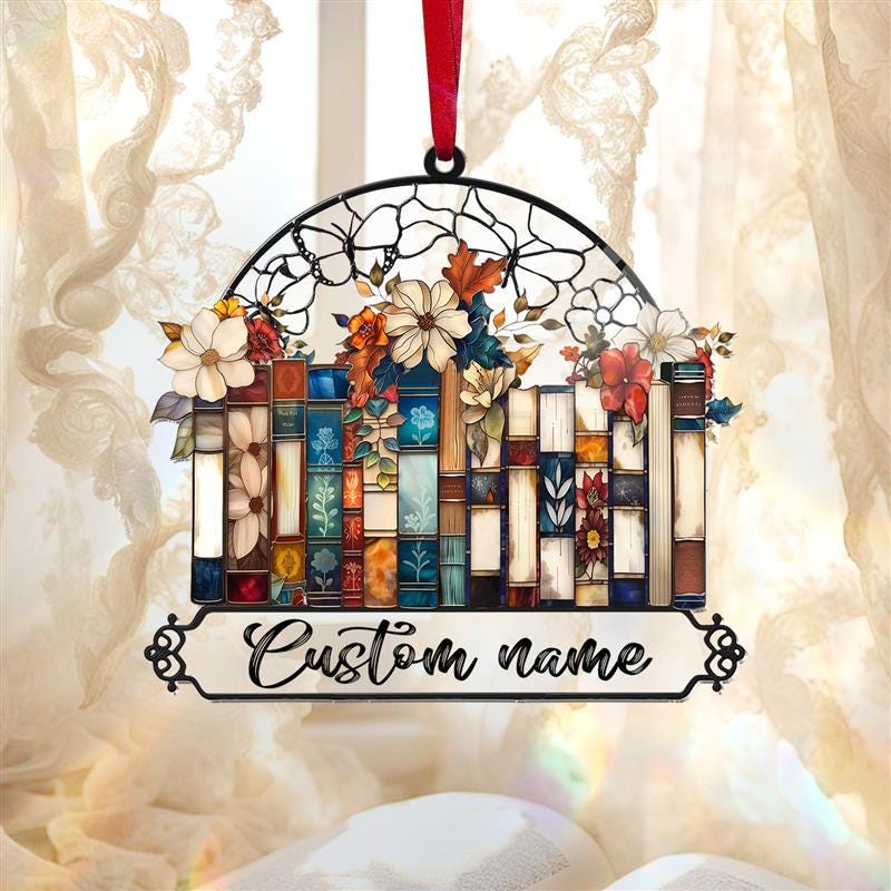 Custom Books Ornament, Books Suncatcher, Book Lover Gift, Floral Bookshelf Decoration, Birthday Gift, Home Library Suncatcher Ornament Decor