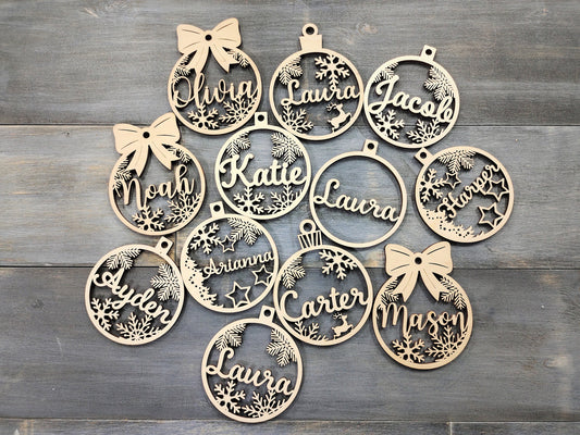 Personalized Christmas Ornaments, Custom Christmas tree Decor, Wood Xmas decor, Laser Cut Names, Christmas Bauble, Gift Tags, Your Logo