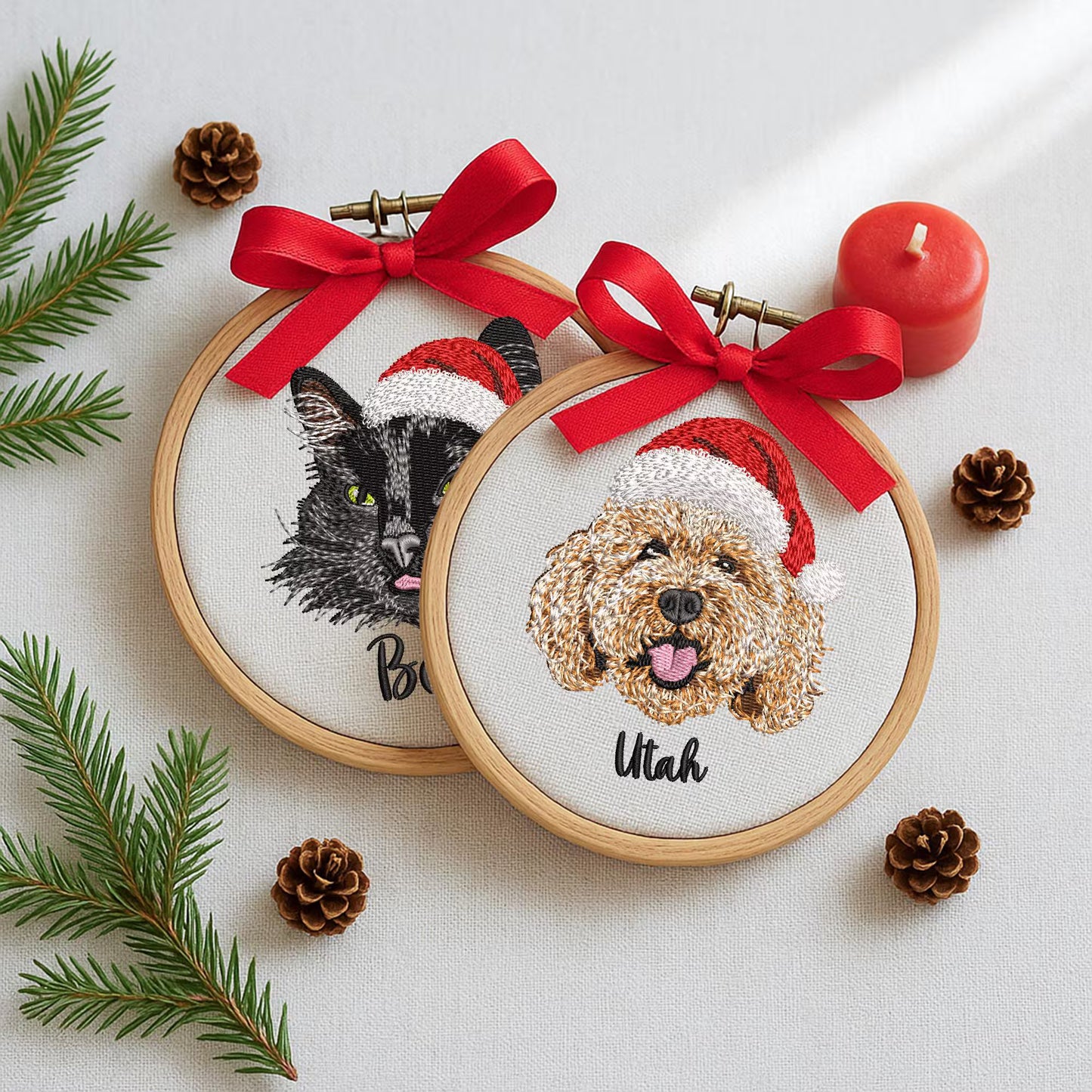 Embroidered Pet Portrait Ornament, Custom Santa Hat Christmas Gift