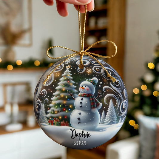Personalized Christmas Snowman Ceramic Ornament - Custom Winter Holiday Tree Decor Gift