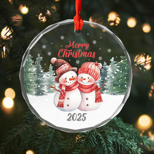 Merry Christmas Snowman Ornament, Cute Winter Couple Design, Festive Glass Decoration, Christmas Gift for Family and Friends
