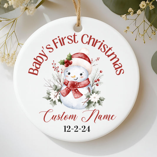 Personalized Baby's First Christmas Ornament, Custom Name and Date, Snowman Ceramic Decor, Holiday Keepsake, Family Gift, Coworker Gift,