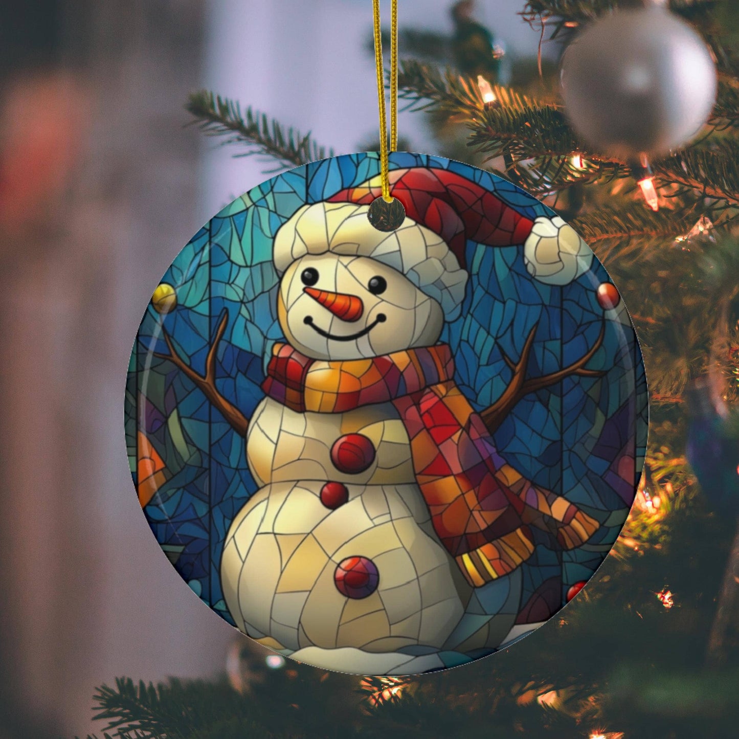 Ornement de Noël Bonhomme de neige, Imprimé style vitrail