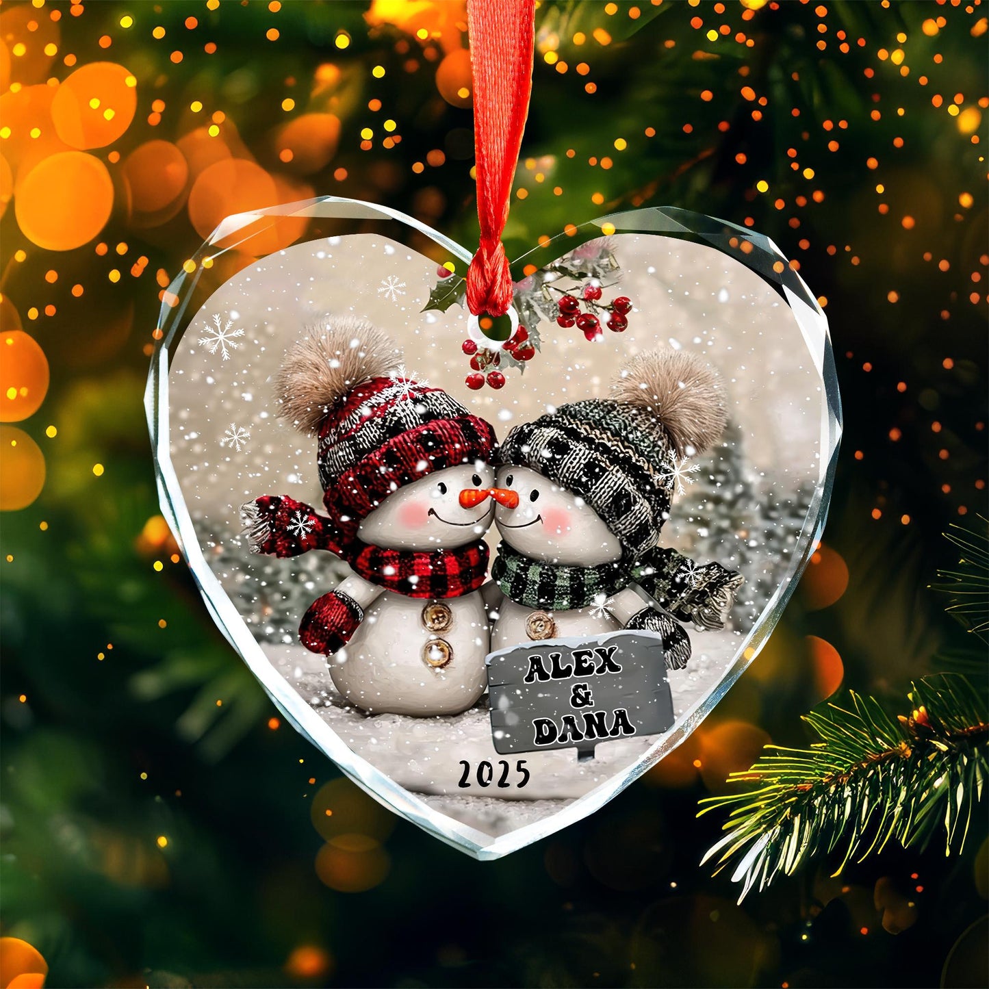 Snowman Couple Glass Ornament, Personalized Christmas Ornament For Newlyweds, Engagement Or Wedding Gift, First Christmas Couple Decor