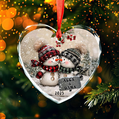 Snowman Couple Glass Ornament, Personalized Christmas Ornament For Newlyweds, Engagement Or Wedding Gift, First Christmas Couple Decor