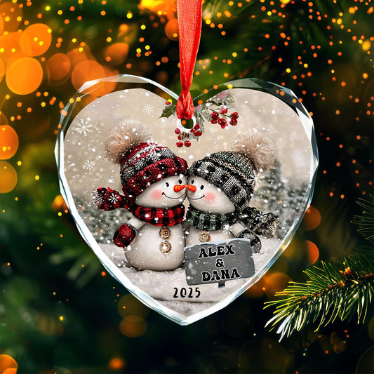 Snowman Couple Glass Ornament, Personalized Christmas Ornament For Newlyweds, Engagement Or Wedding Gift, First Christmas Couple Decor