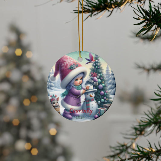 Cute Christmas Ceramic Ornament, Girl with Snowman Scene, Personalized Christmas Decor, Holiday Tree Ornament, Custom Gift