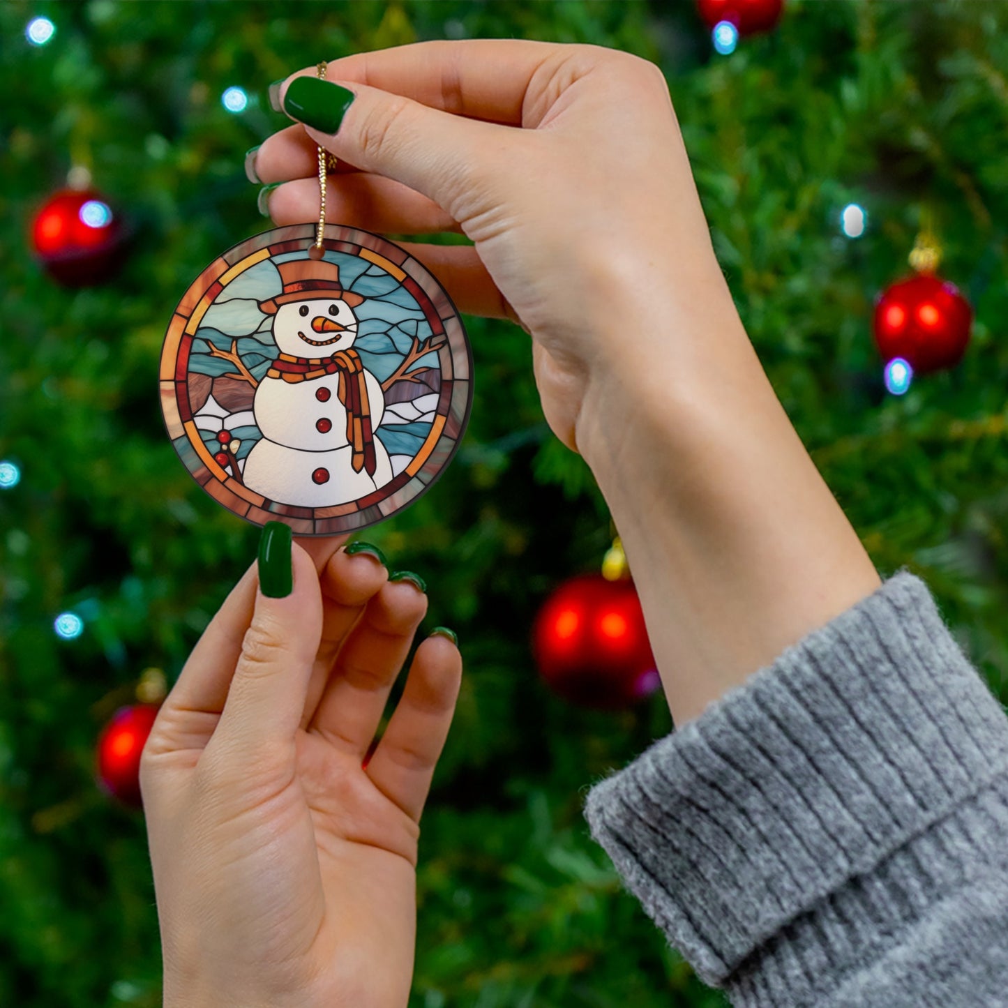 Adorno navideño de muñeco de nieve estilo vidriera, recuerdo de vacaciones