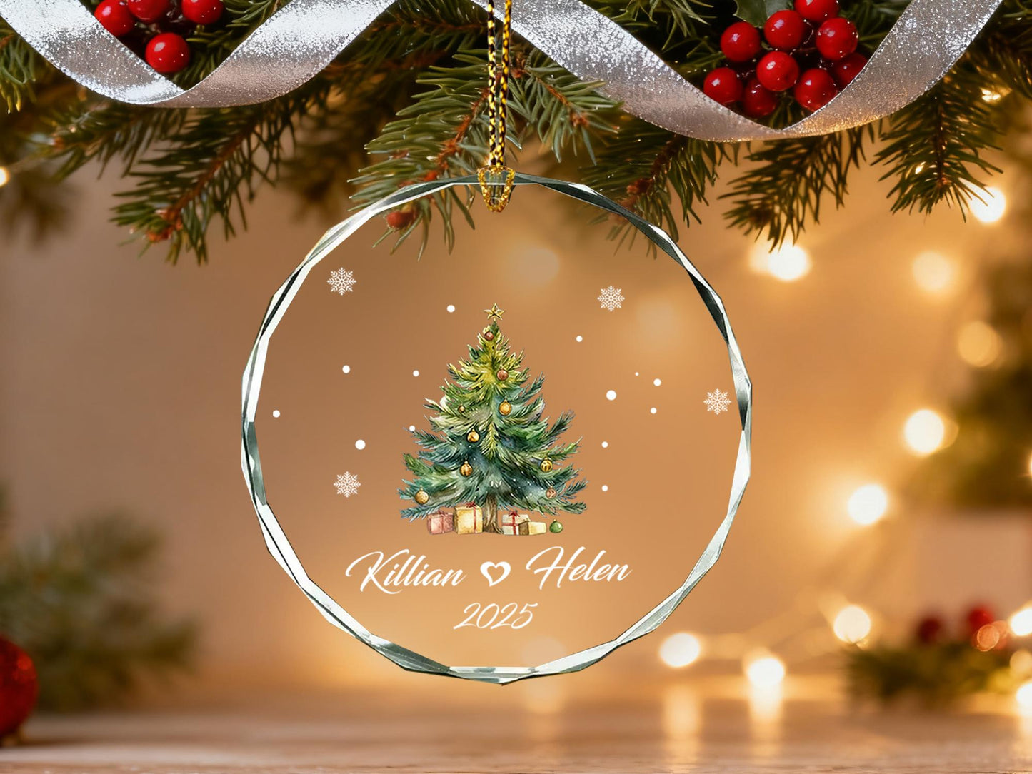 Personalized Christmas Tree Ornament,Custom Couple Names & Year Glass Snowflake Holiday Keepsake,Couple Names Christmas Ornament