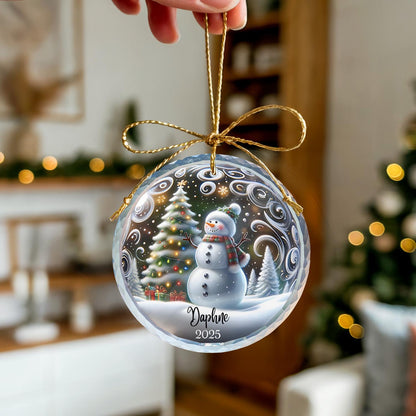 Ornement de Noël personnalisé en céramique bonhomme de neige - Cadeau de décoration d'arbre de vacances d'hiver personnalisé