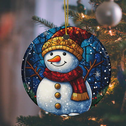 Ornement de Noël Bonhomme de neige, Imprimé style vitrail