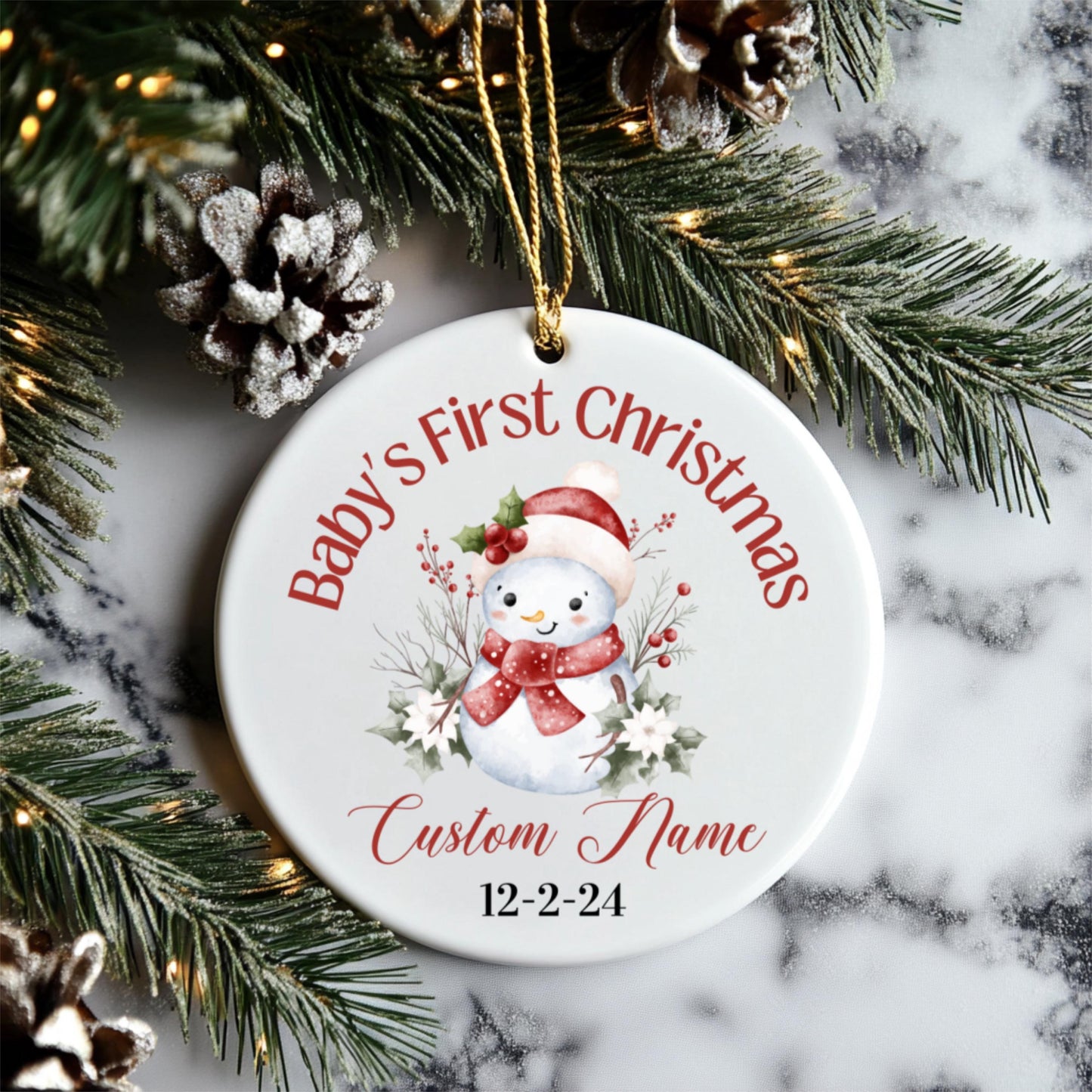 Ornement Personnalisé Premier Noël de Bébé, Prénom et Date Personnalisés, Décoration en Céramique Bonhomme de Neige, Souvenir de Vacances, Cadeau de Famille, Cadeau pour Collègue,