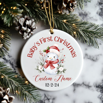 Ornement Personnalisé Premier Noël de Bébé, Prénom et Date Personnalisés, Décoration en Céramique Bonhomme de Neige, Souvenir de Vacances, Cadeau de Famille, Cadeau pour Collègue,