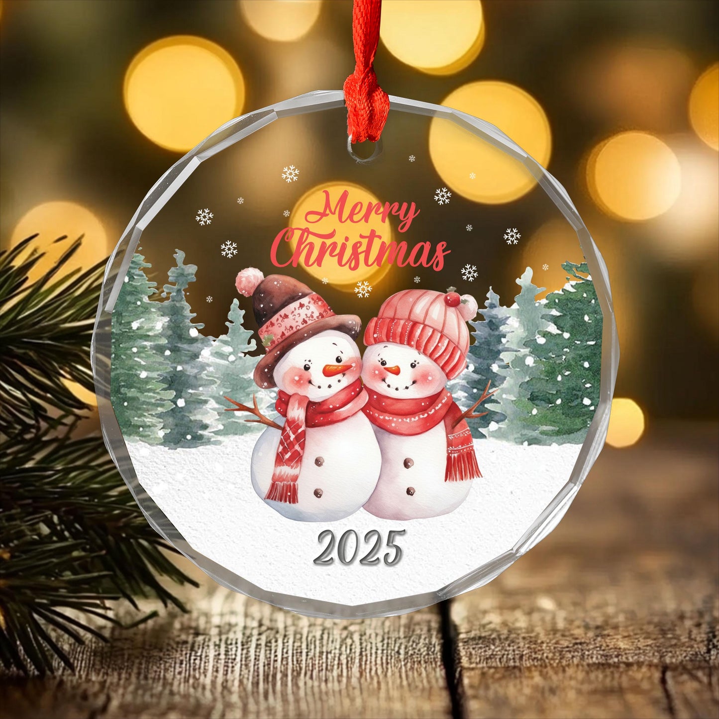 Merry Christmas Snowman Ornament, Cute Winter Couple Design, Festive Glass Decoration, Christmas Gift for Family and Friends