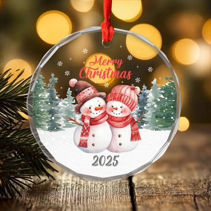 Merry Christmas Snowman Ornament, Cute Winter Couple Design, Festive Glass Decoration, Christmas Gift for Family and Friends