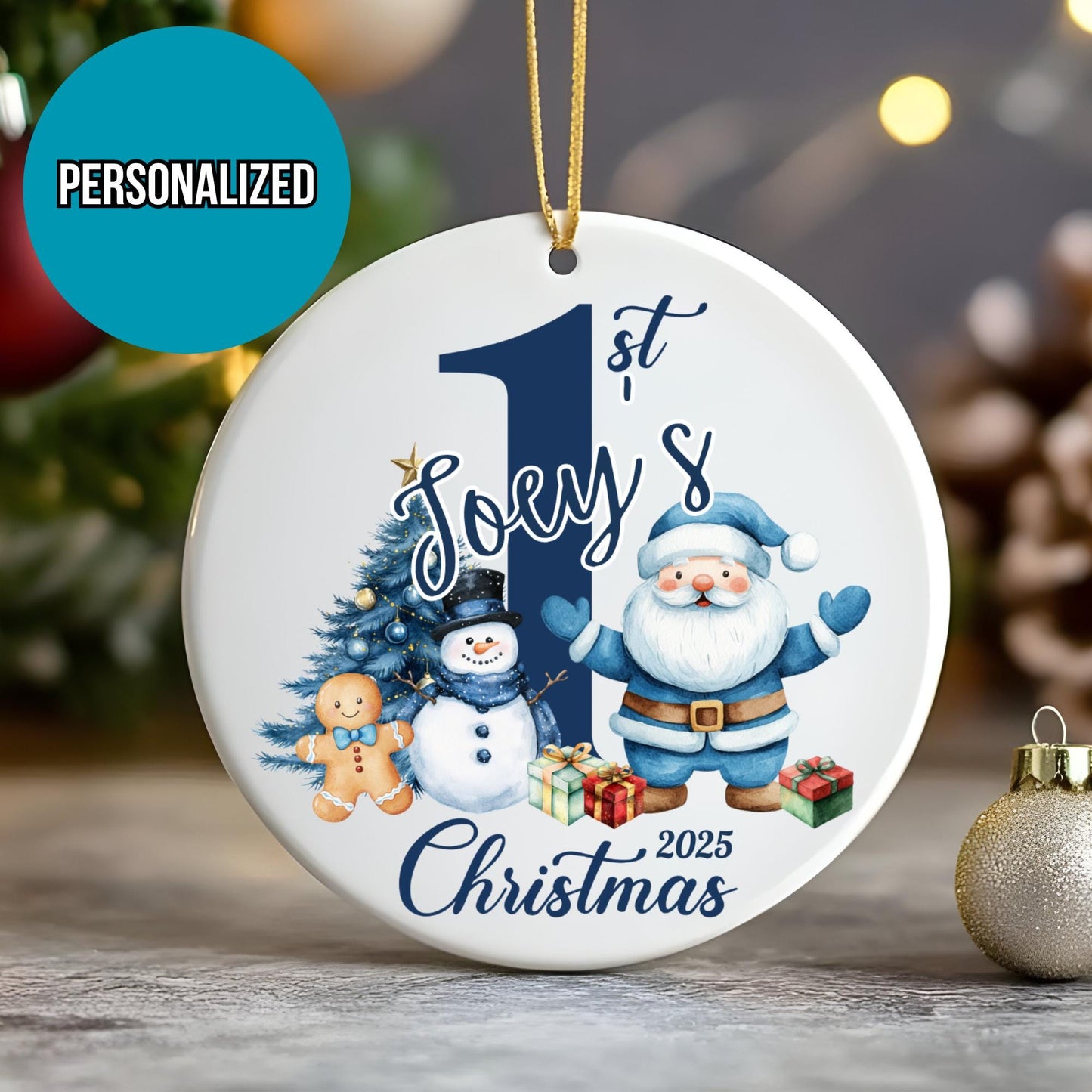 Adorno de la primera Navidad del bebé: Recuerdo de cerámica con diseño de muñeco de nieve