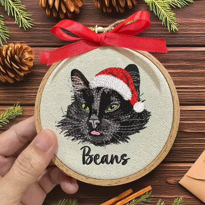 Embroidered Pet Portrait Ornament, Custom Santa Hat Christmas Gift