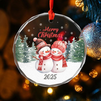 Merry Christmas Snowman Ornament, Cute Winter Couple Design, Festive Glass Decoration, Christmas Gift for Family and Friends