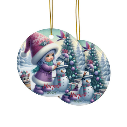 Cute Christmas Ceramic Ornament, Girl with Snowman Scene, Personalized Christmas Decor, Holiday Tree Ornament, Custom Gift