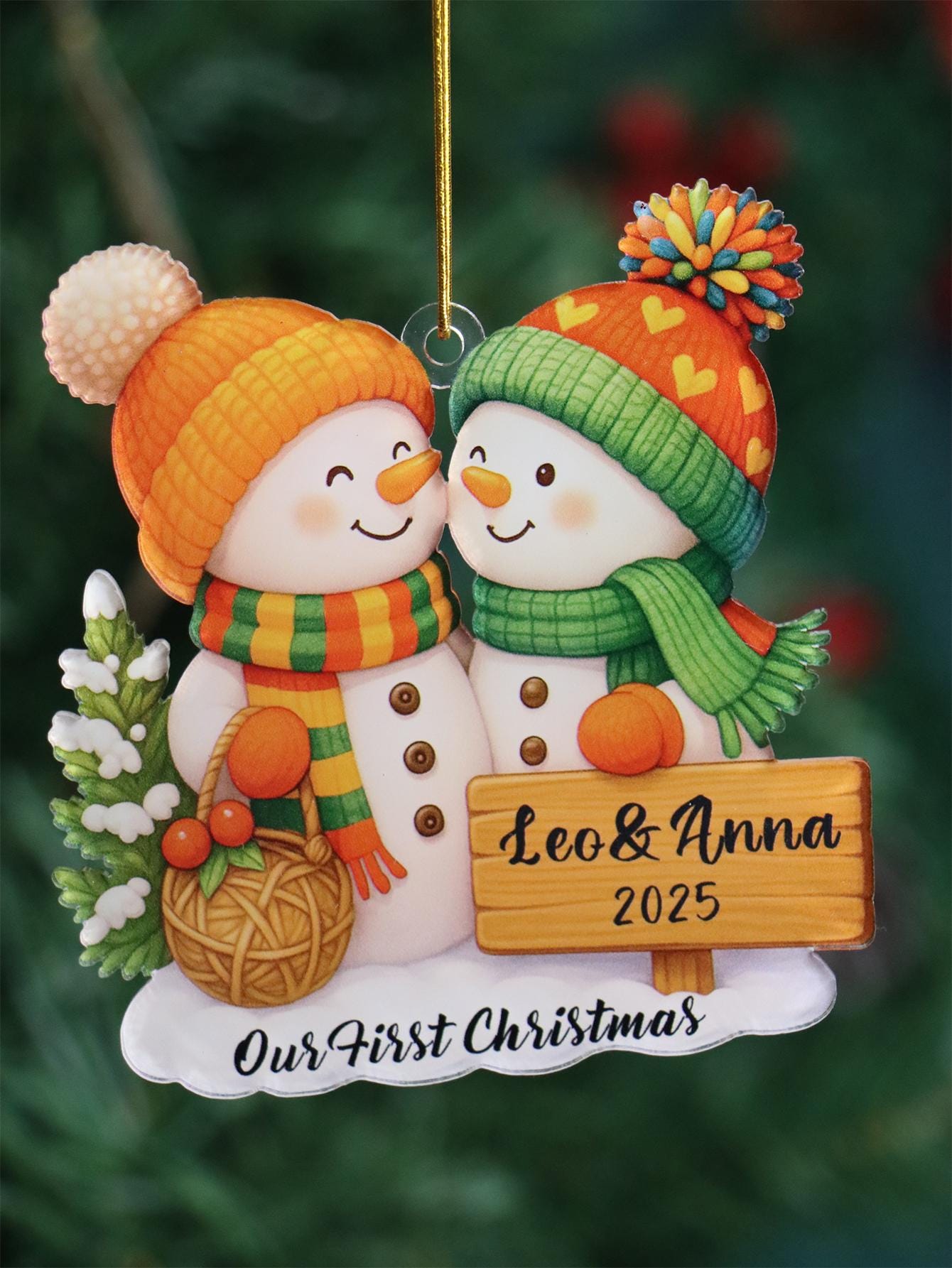 Adorno personalizado de muñeco de nieve para pareja, decoración navideña para árbol
