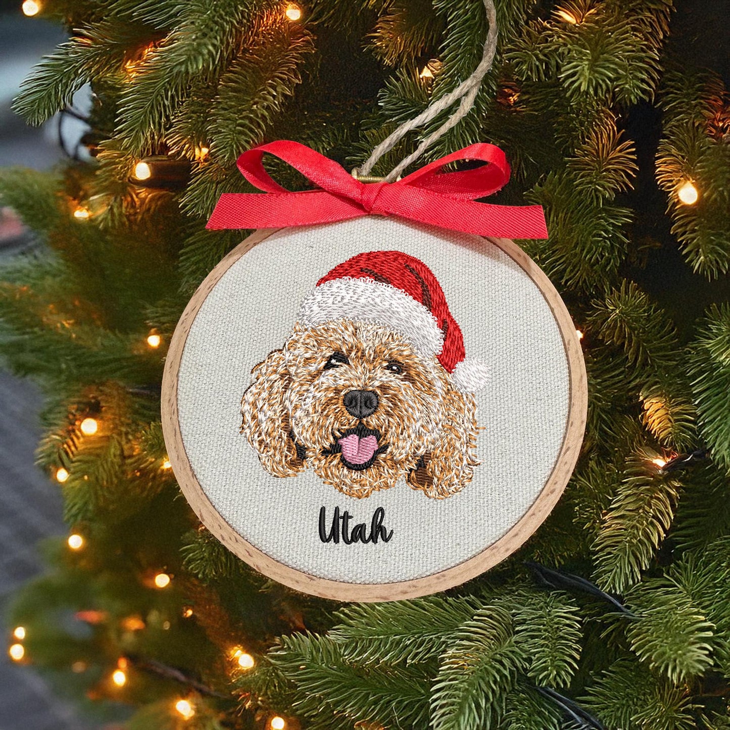 Embroidered Pet Portrait Ornament, Custom Santa Hat Christmas Gift