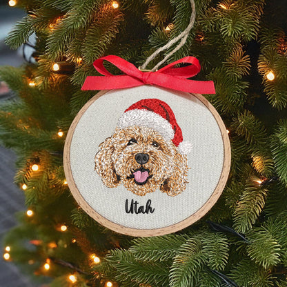 Embroidered Pet Portrait Ornament, Custom Santa Hat Christmas Gift