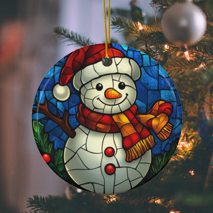 Ornement de Noël Bonhomme de neige, Imprimé style vitrail