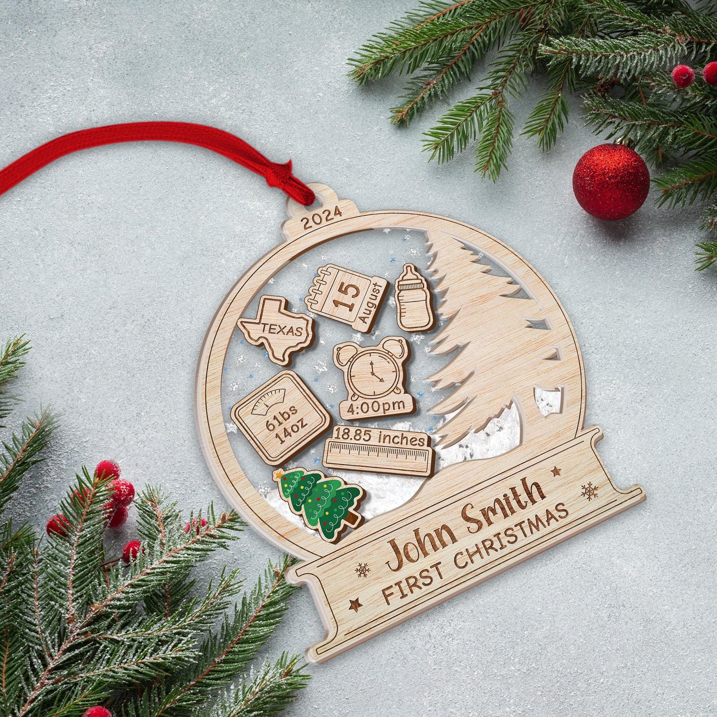 Baby's First Christmas Ornament 2024, Personalized Baby 1st Christmas Ornament, Custom New Baby Gift, 4D Shake Babies Ornament, Baby Shower