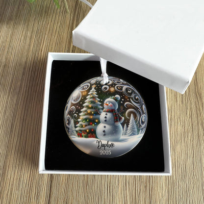 Ornement de Noël personnalisé en céramique bonhomme de neige - Cadeau de décoration d'arbre de vacances d'hiver personnalisé