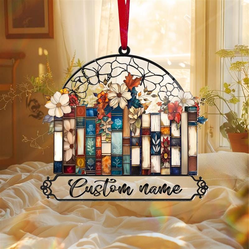 Custom Books Ornament, Books Suncatcher, Book Lover Gift, Floral Bookshelf Decoration, Birthday Gift, Home Library Suncatcher Ornament Decor