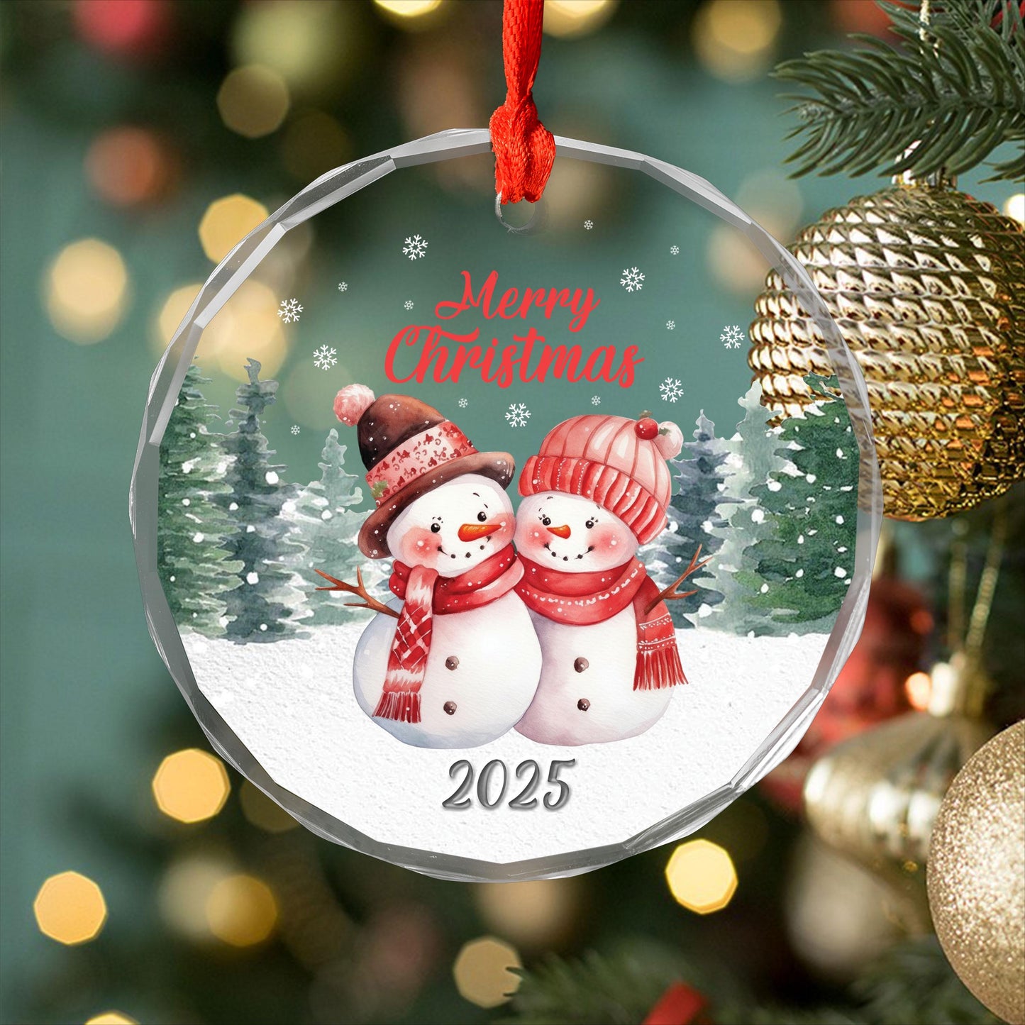 Merry Christmas Snowman Ornament, Cute Winter Couple Design, Festive Glass Decoration, Christmas Gift for Family and Friends