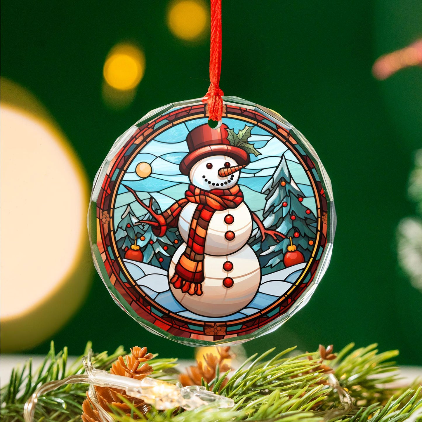 Stained Glass Snowman Christmas Ornament | Classic Winter Christmas Tree Decoration | Acrylic, Ceramic & Glass Holiday Gift