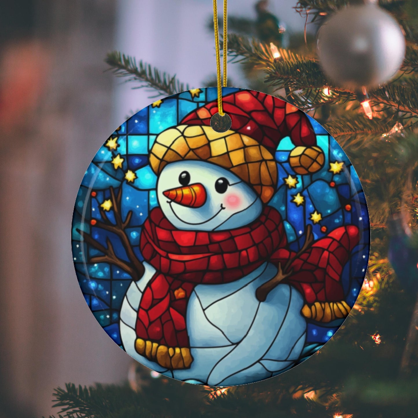 Ornement de Noël Bonhomme de neige, Imprimé style vitrail