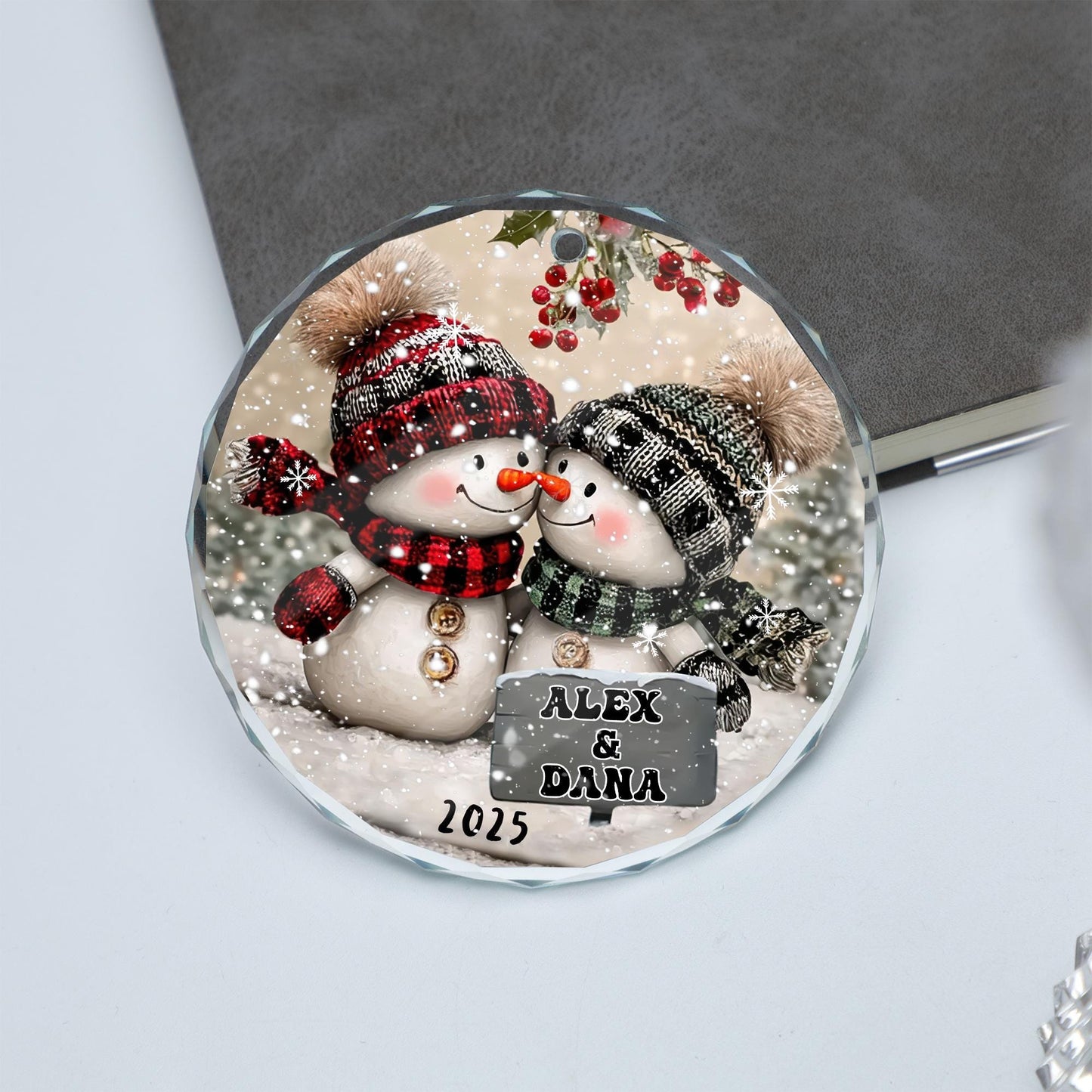 Snowman Couple Glass Ornament, Personalized Christmas Ornament For Newlyweds, Engagement Or Wedding Gift, First Christmas Couple Decor