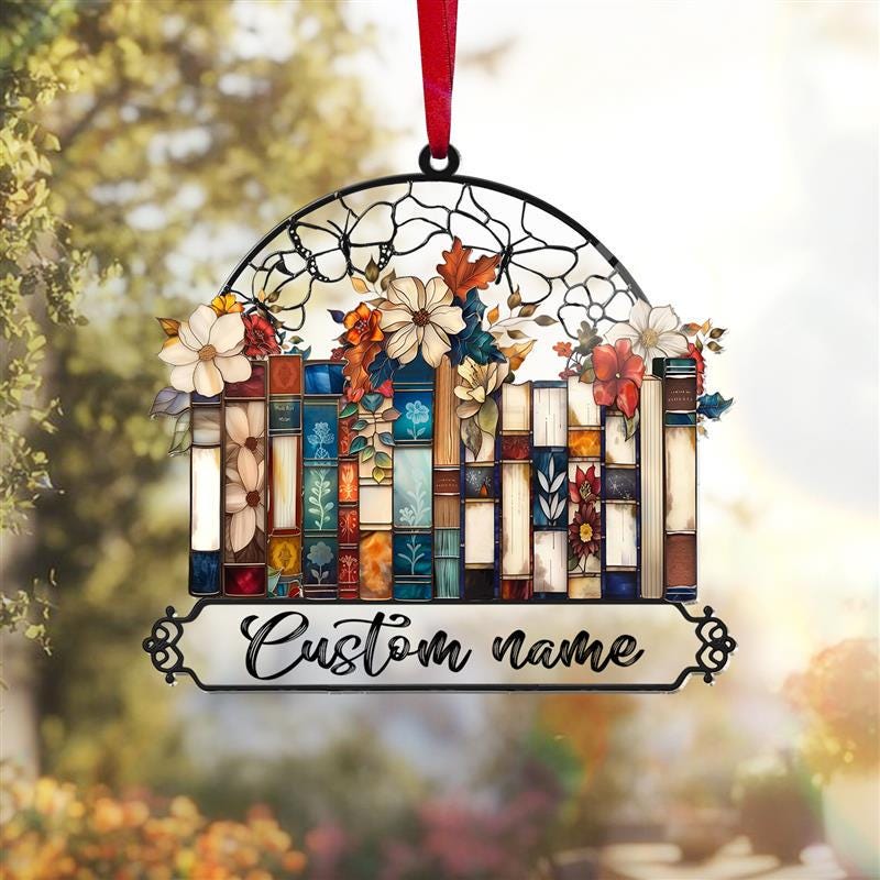 Custom Books Ornament, Books Suncatcher, Book Lover Gift, Floral Bookshelf Decoration, Birthday Gift, Home Library Suncatcher Ornament Decor