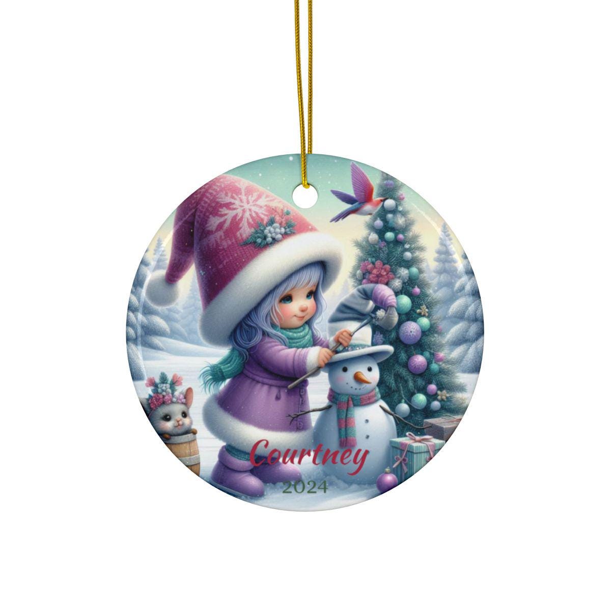 Cute Christmas Ceramic Ornament, Girl with Snowman Scene, Personalized Christmas Decor, Holiday Tree Ornament, Custom Gift