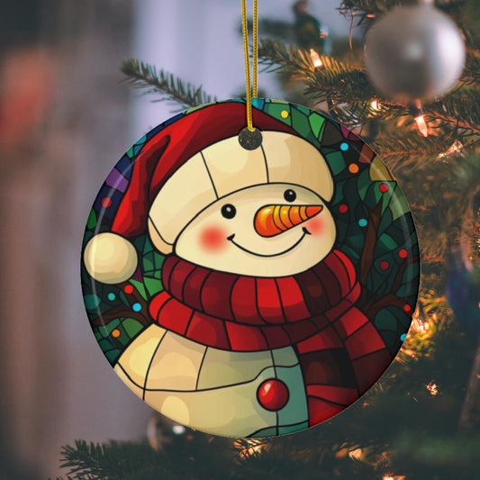 Snowman Christmas Ornament, Stained Glass Style Print