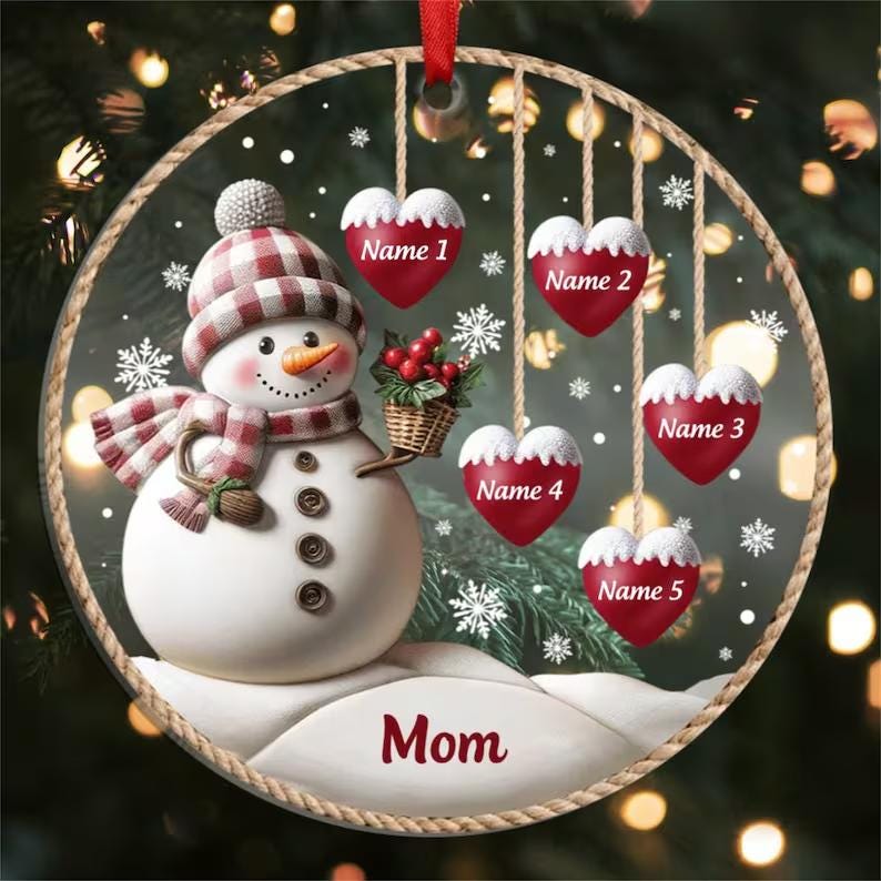 Personalized Christmas Ornament, Custom Acrylic Snowman Ornament, 1–8 Family Names Decoration, Gift for Mom, Grandma, Xmas Tree Decor