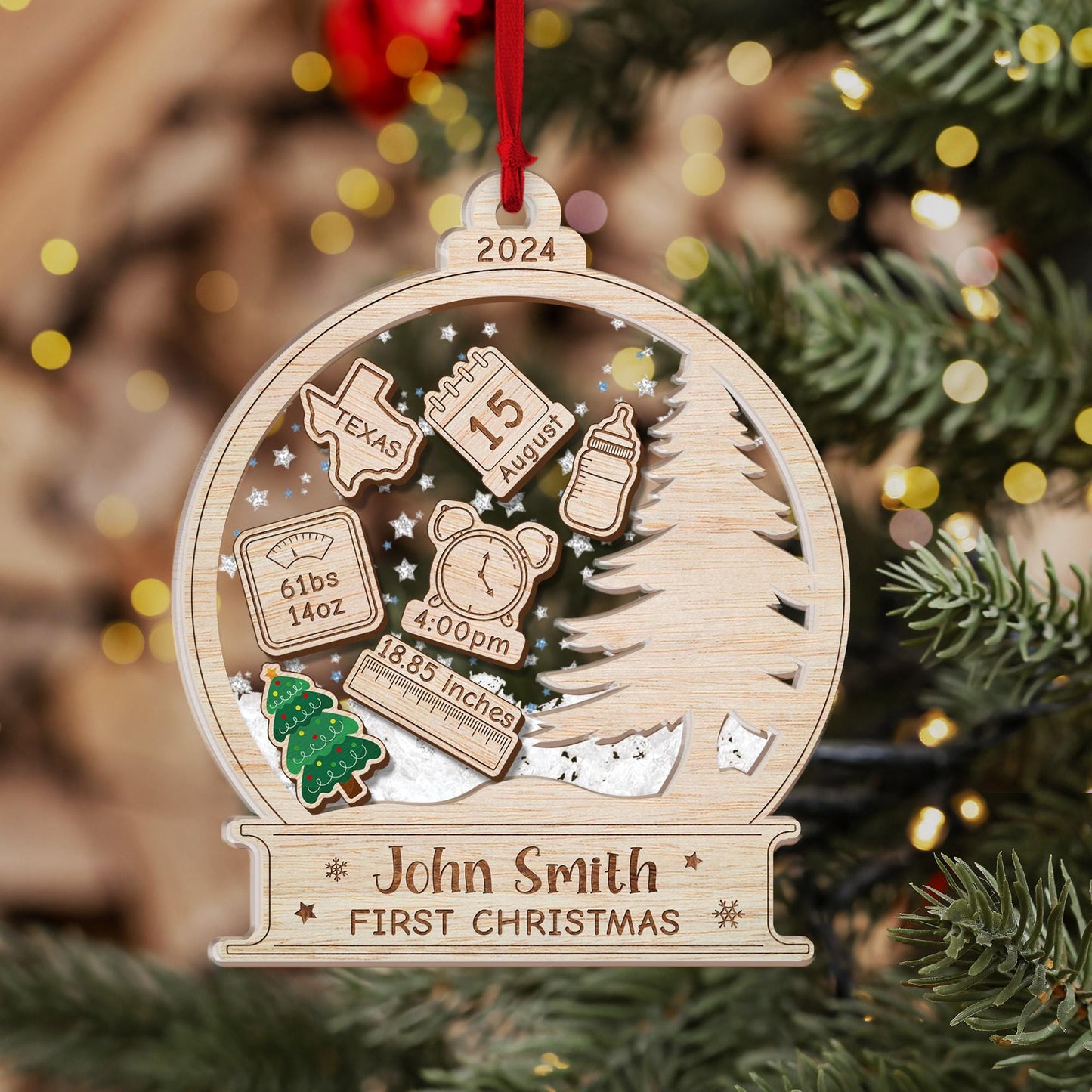 Baby's First Christmas Ornament 2024, Personalized Baby 1st Christmas Ornament, Custom New Baby Gift, 4D Shake Babies Ornament, Baby Shower