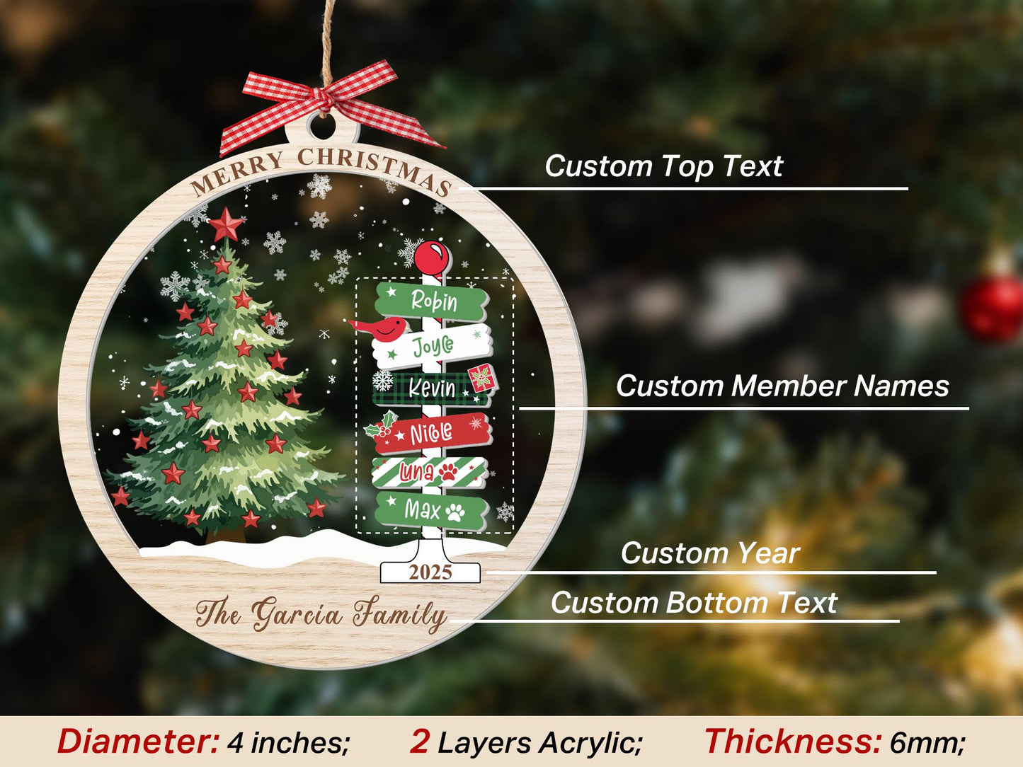 2025 Family Christmas Ornament, Personalized Ornament with Names, Custom Christmas Tree Ornament, Holiday Keepsake, Xmas Tree Decor