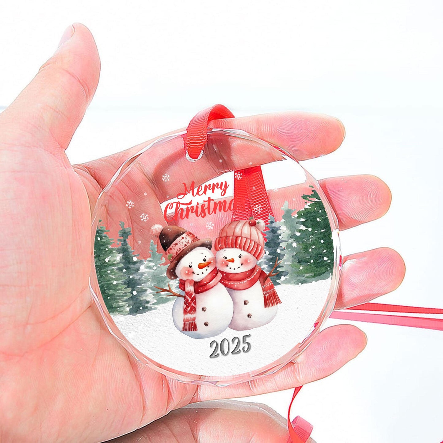 Merry Christmas Snowman Ornament, Cute Winter Couple Design, Festive Glass Decoration, Christmas Gift for Family and Friends