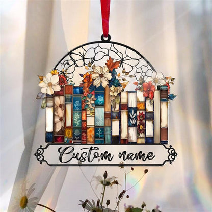 Custom Books Ornament, Books Suncatcher, Book Lover Gift, Floral Bookshelf Decoration, Birthday Gift, Home Library Suncatcher Ornament Decor