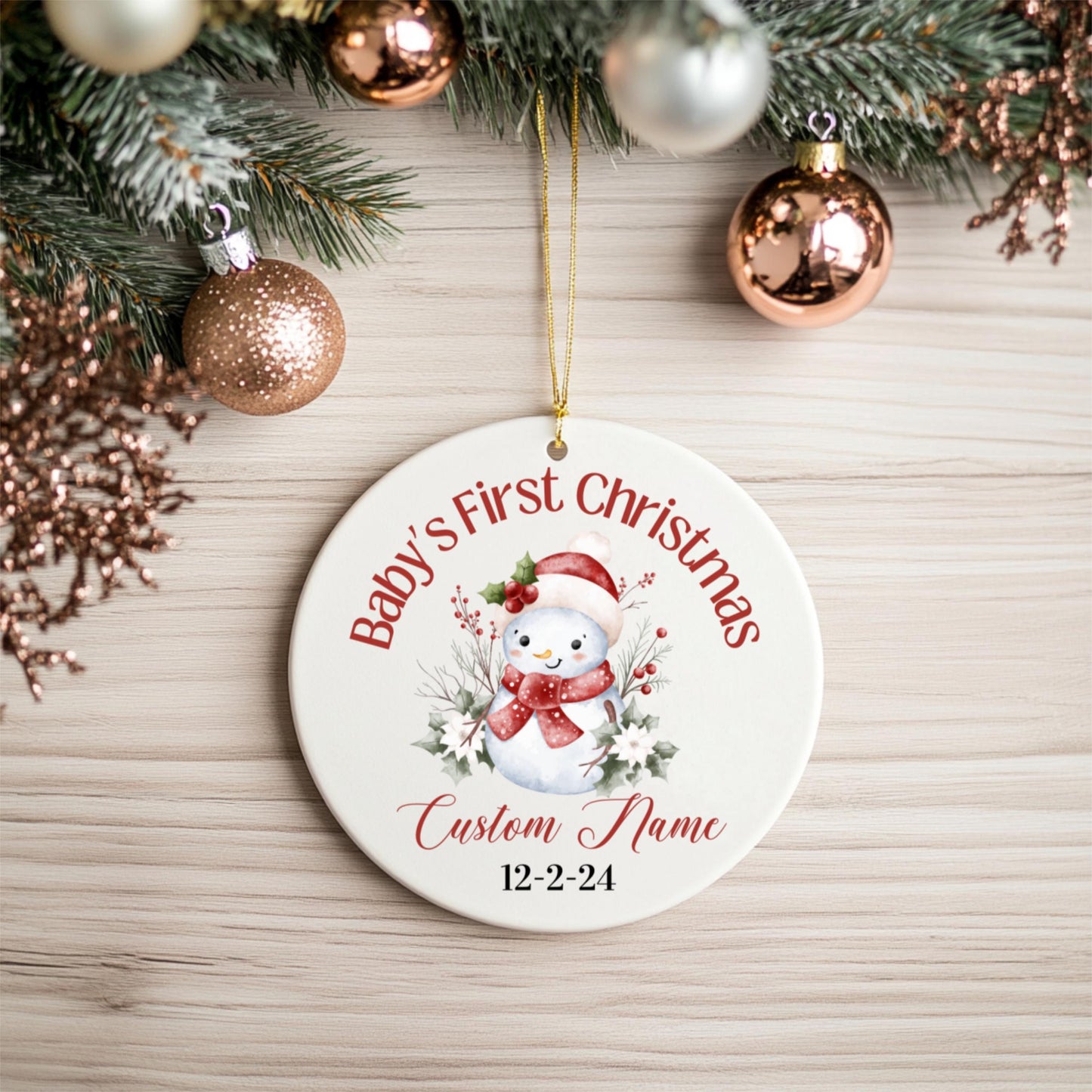 Ornement Personnalisé Premier Noël de Bébé, Prénom et Date Personnalisés, Décoration en Céramique Bonhomme de Neige, Souvenir de Vacances, Cadeau de Famille, Cadeau pour Collègue,