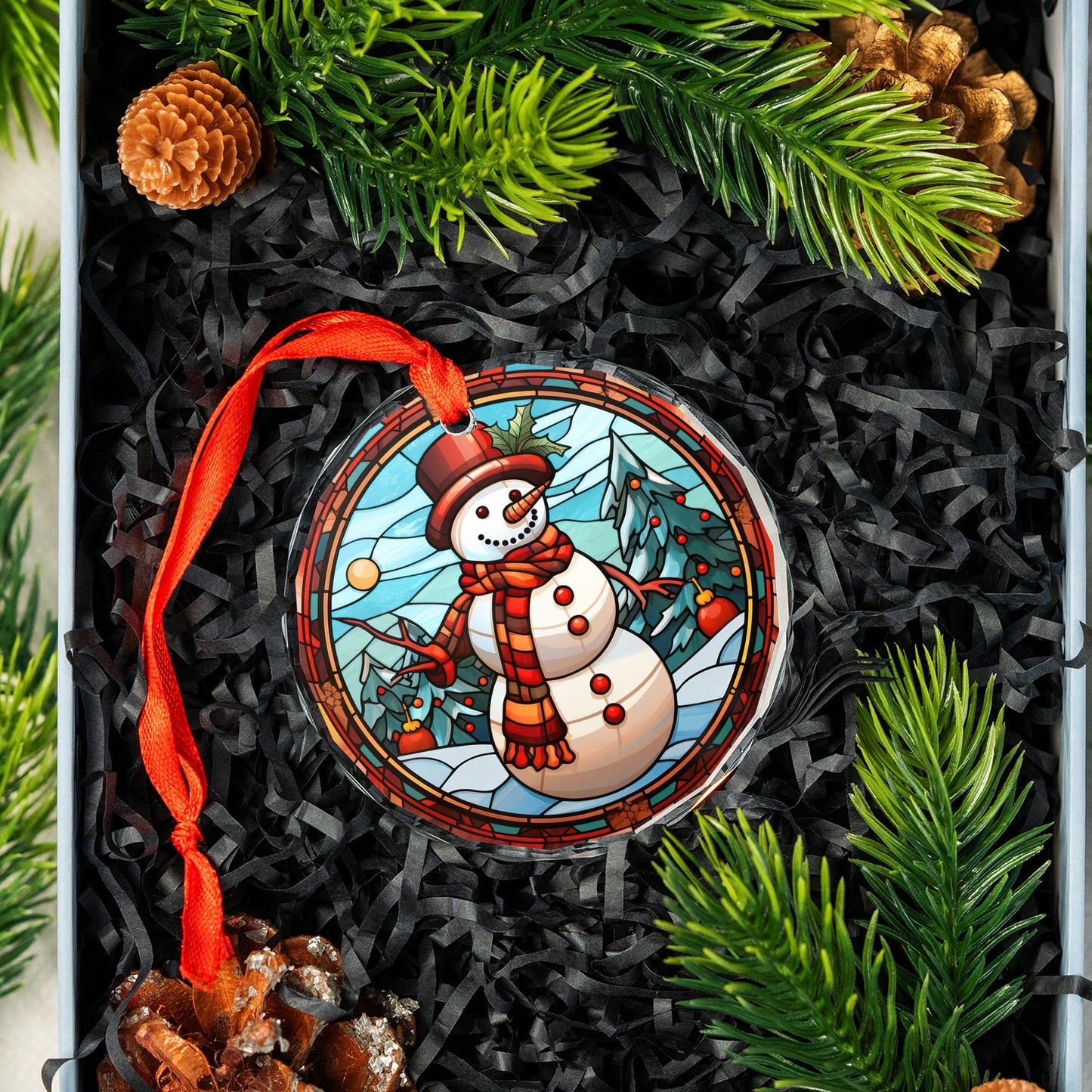 Stained Glass Snowman Christmas Ornament | Classic Winter Christmas Tree Decoration | Acrylic, Ceramic & Glass Holiday Gift