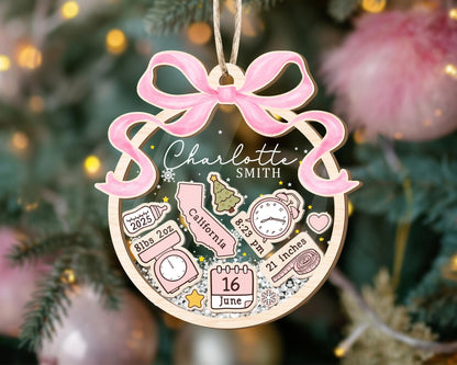 Adorno Personalizado de Primera Navidad del Bebé: Recuerdos de Recién Nacido con Lazo Coquette - Agitador 4D