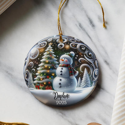 Ornement de Noël personnalisé en céramique bonhomme de neige - Cadeau de décoration d'arbre de vacances d'hiver personnalisé