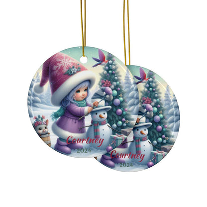 Cute Christmas Ceramic Ornament, Girl with Snowman Scene, Personalized Christmas Decor, Holiday Tree Ornament, Custom Gift