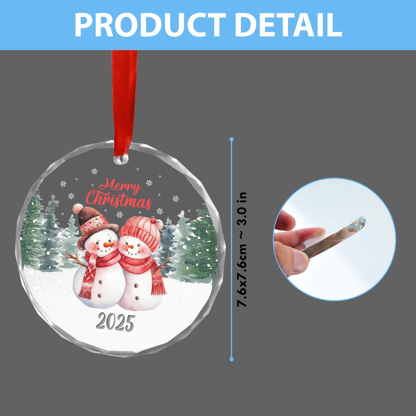 Merry Christmas Snowman Ornament, Cute Winter Couple Design, Festive Glass Decoration, Christmas Gift for Family and Friends